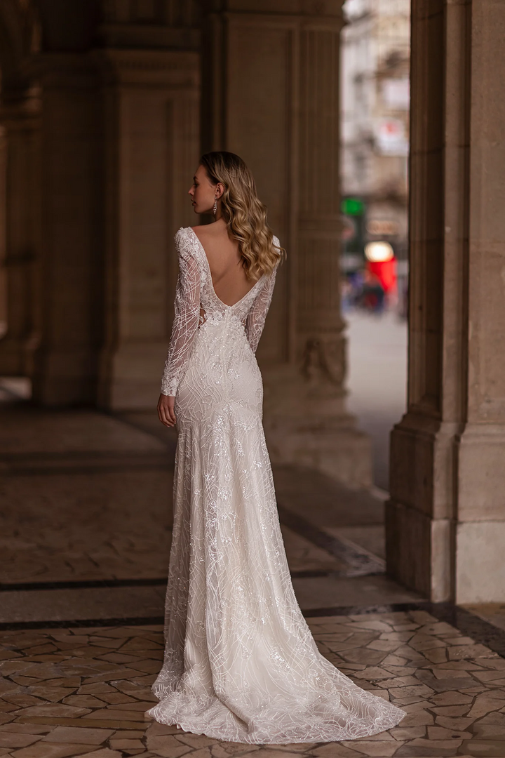 Trumpet Wedding Dress with Long Lace Sleeves – V-Neck Bridal Gown with Rhinestones and Sheer Floral Waist Plus Size