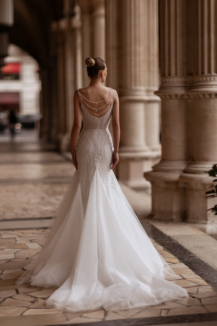 Trumpet Wedding Dress with Long Lace Sleeves – V-Neck Bridal Gown Trumpet Wedding Dress with Spaghetti Straps – Simple Bridal Gown with Pearl Back Straps and Sheer Train Plus Sizewith Rhinestones and Sheer Floral Waist Plus Size