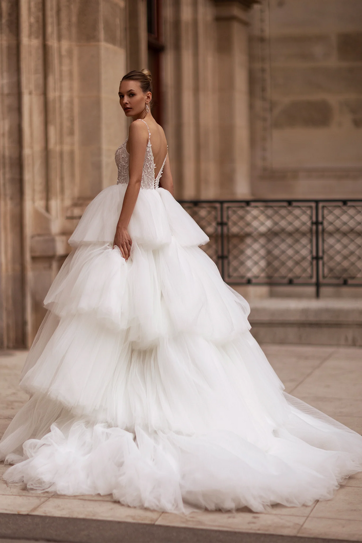 Spaghetti Strap Wedding Dress with Tiered Skirt – Layered Tulle Ruffle Dress with Pearl Leaf Bodice and Sheer Layers Plus Size
