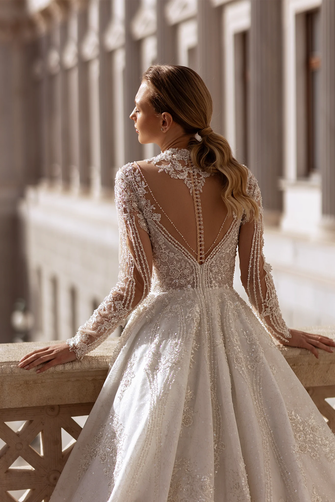 A-Line Wedding Dress with High Neck – Long Sleeves Wedding Dress with Floral Lace and Rhinestone Details Plus Size