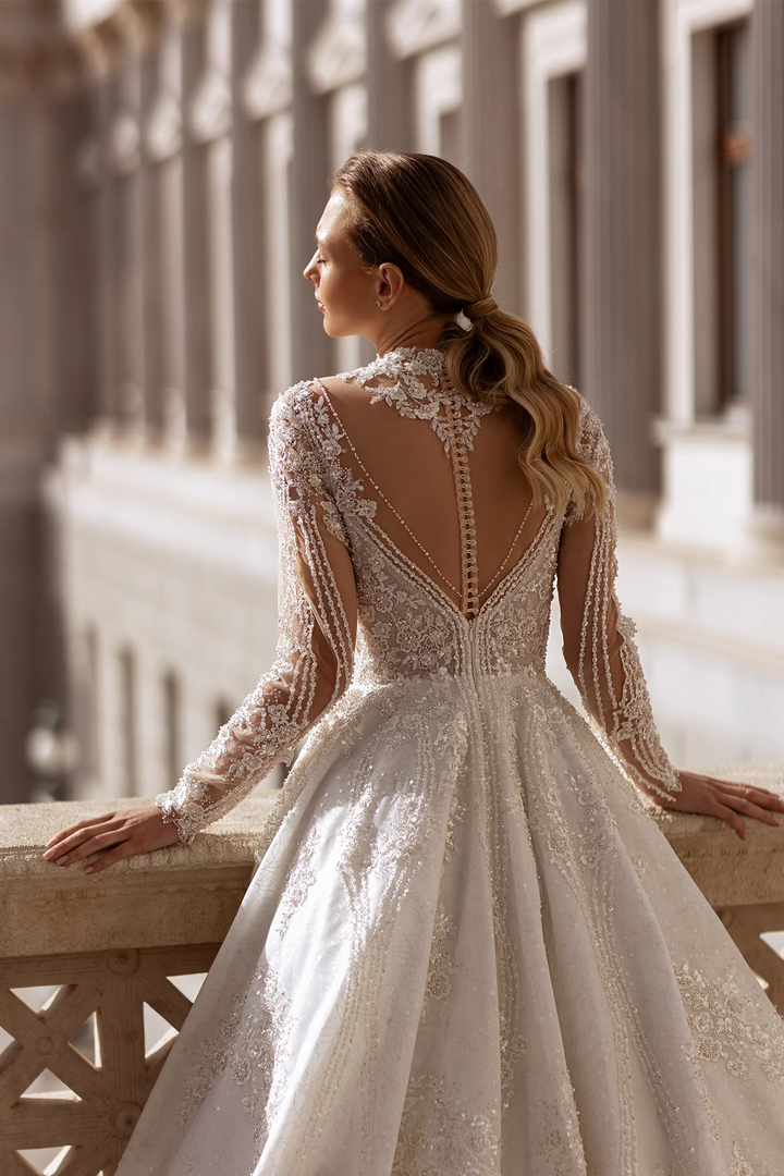 A-Line Wedding Dress with High Neck – Long Sleeves Wedding Dress with Floral Lace and Rhinestone Details Plus Size