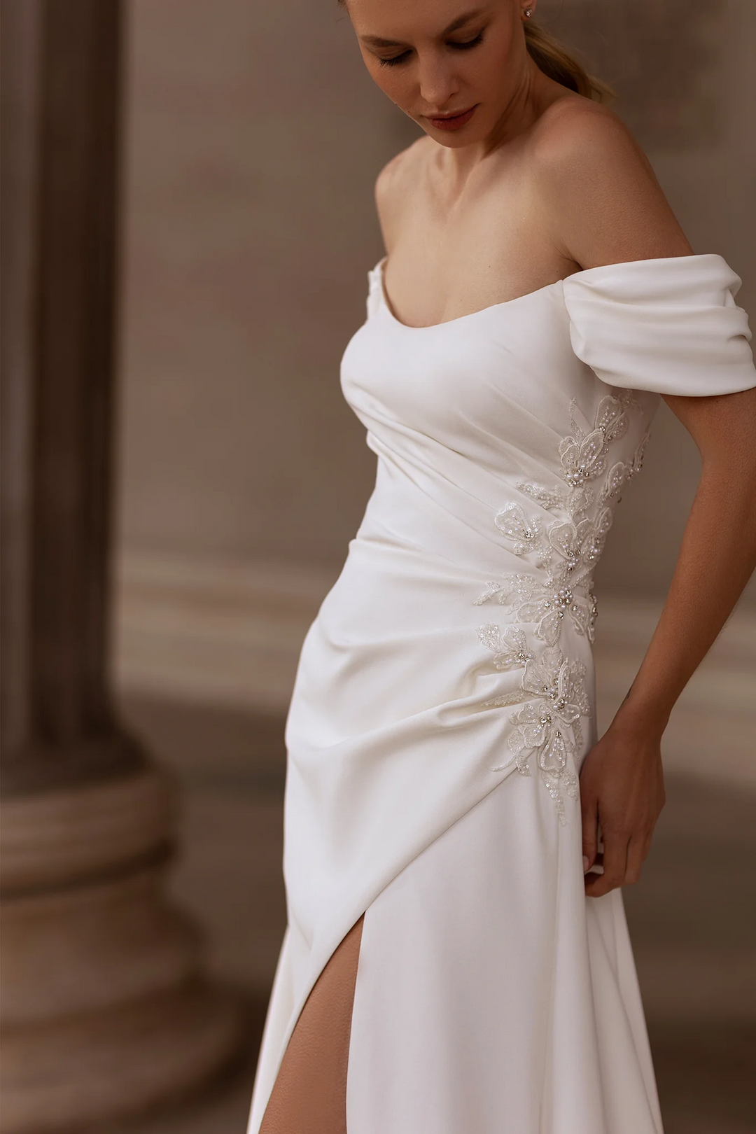 Off Shoulder Satin Wedding Dress with Optional Long Sleeves – Draped Bridal Gown with Lace Detail and Side Slit Plus Size