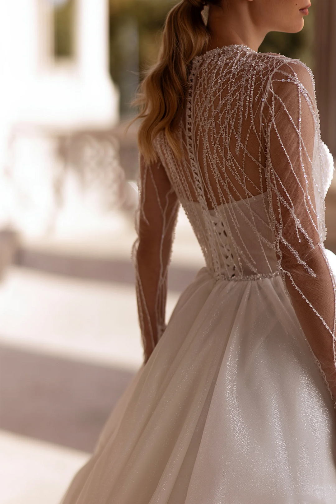 Ballgown Wedding Dresses with Sheer Long Sleeves – Crystal Wedding Dress with Sparkling Skirt and Classic Silhouette Plus Size