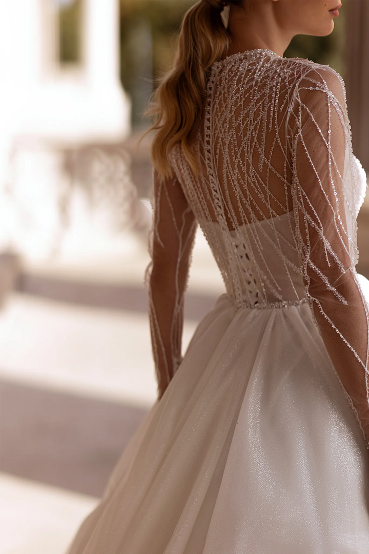 Ballgown Wedding Dresses with Sheer Long Sleeves – Crystal Wedding Dress with Sparkling Skirt and Classic Silhouette Plus Size