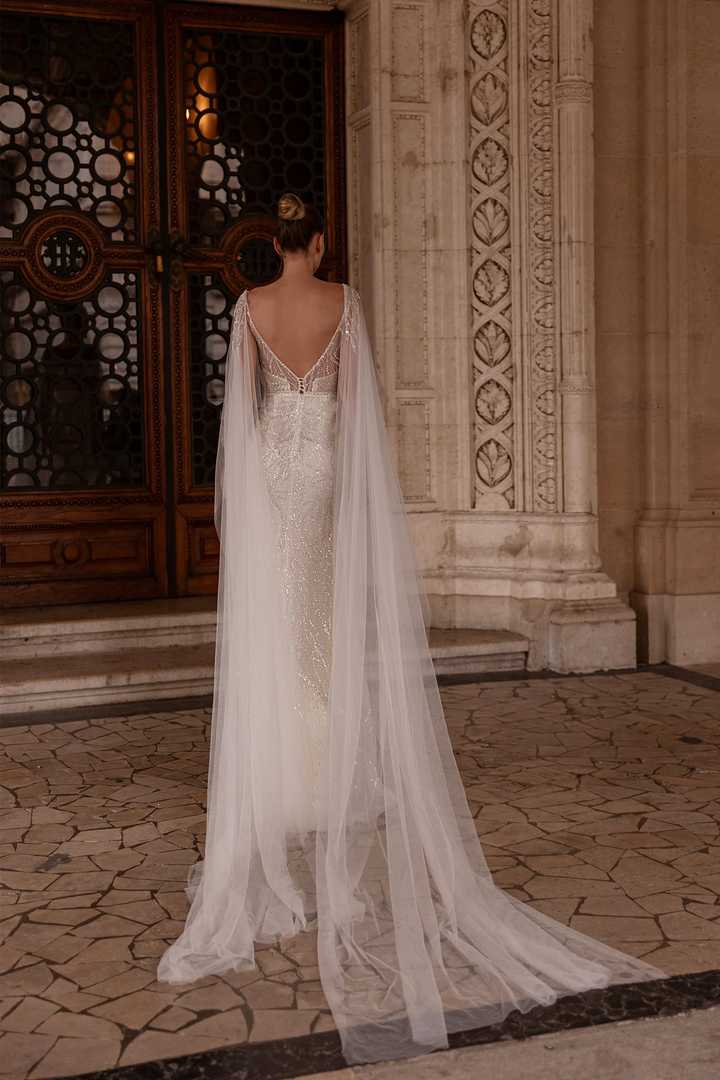 V-Neck Wedding Dress with Thigh Slit – Sparkling Bridal Gown with Convertible Shoulder Veil and Open Back Plus Size