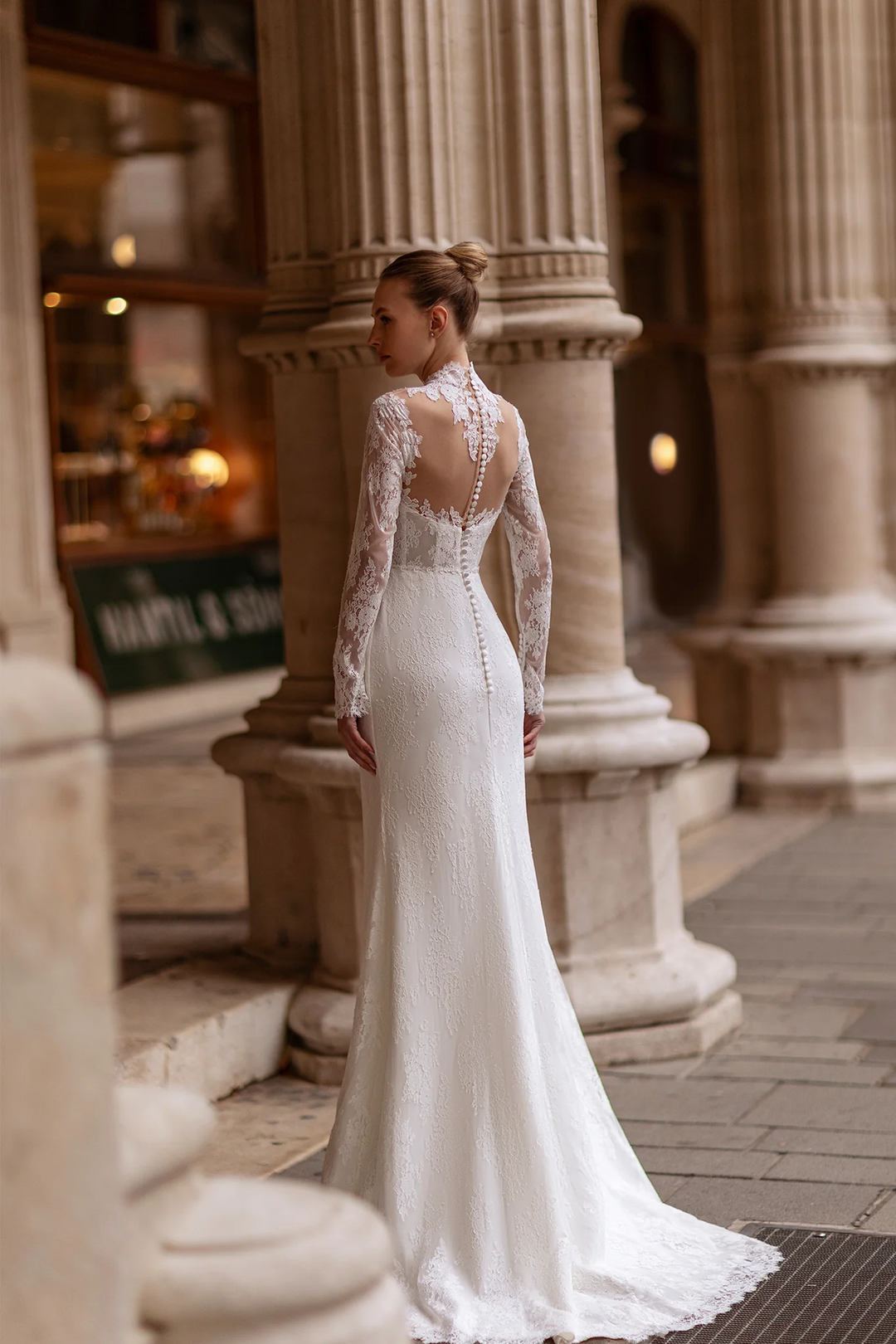 Straight Wedding Dress with Illusion Back – Lace Wedding Dress with Long Sleeves and Sheer Train Plus Size