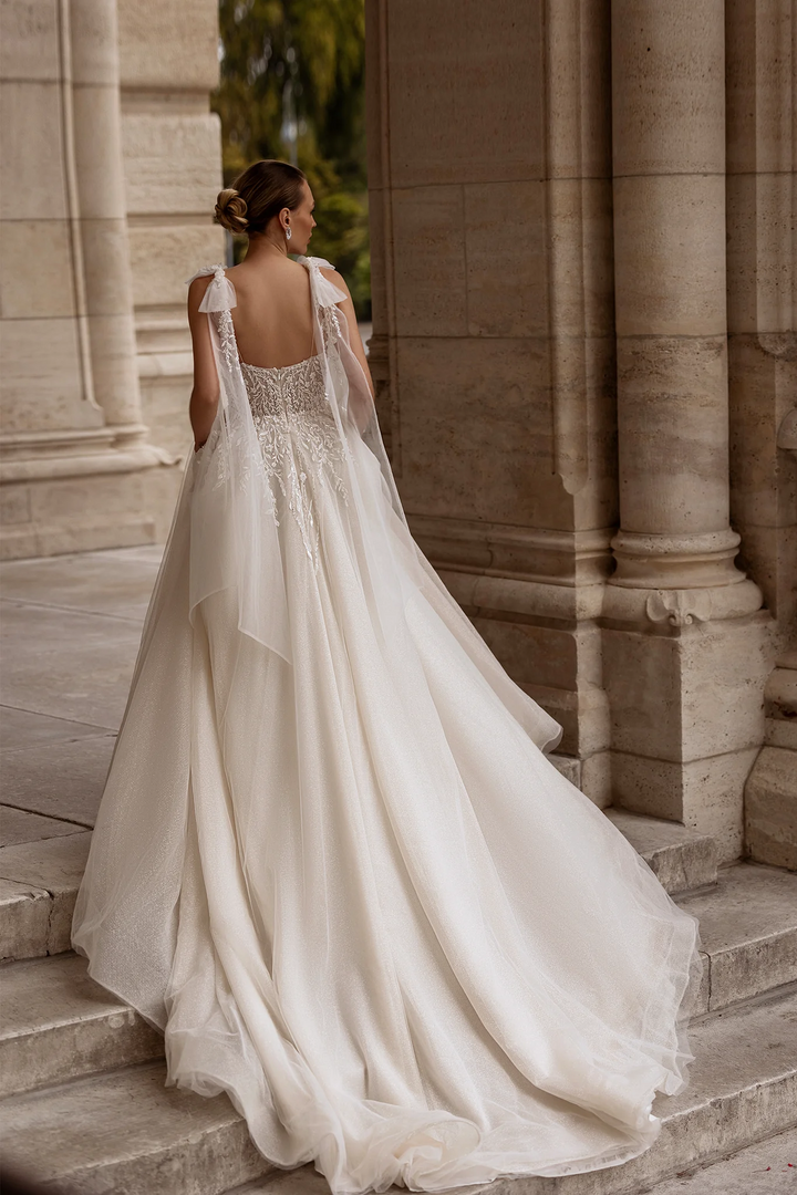 Sleeveless Wedding Dress with Shoulder Bows – V-Neck Bridal Gown with Floral Lace Bodice and Layered Chiffon Skirt Plus Size