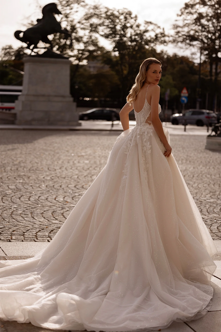 Spaghetti Strap Wedding Dress with Sparkling Lace – A-Line Wedding Dress with Sheer Back and Layered Chiffon Skirt Plus Size