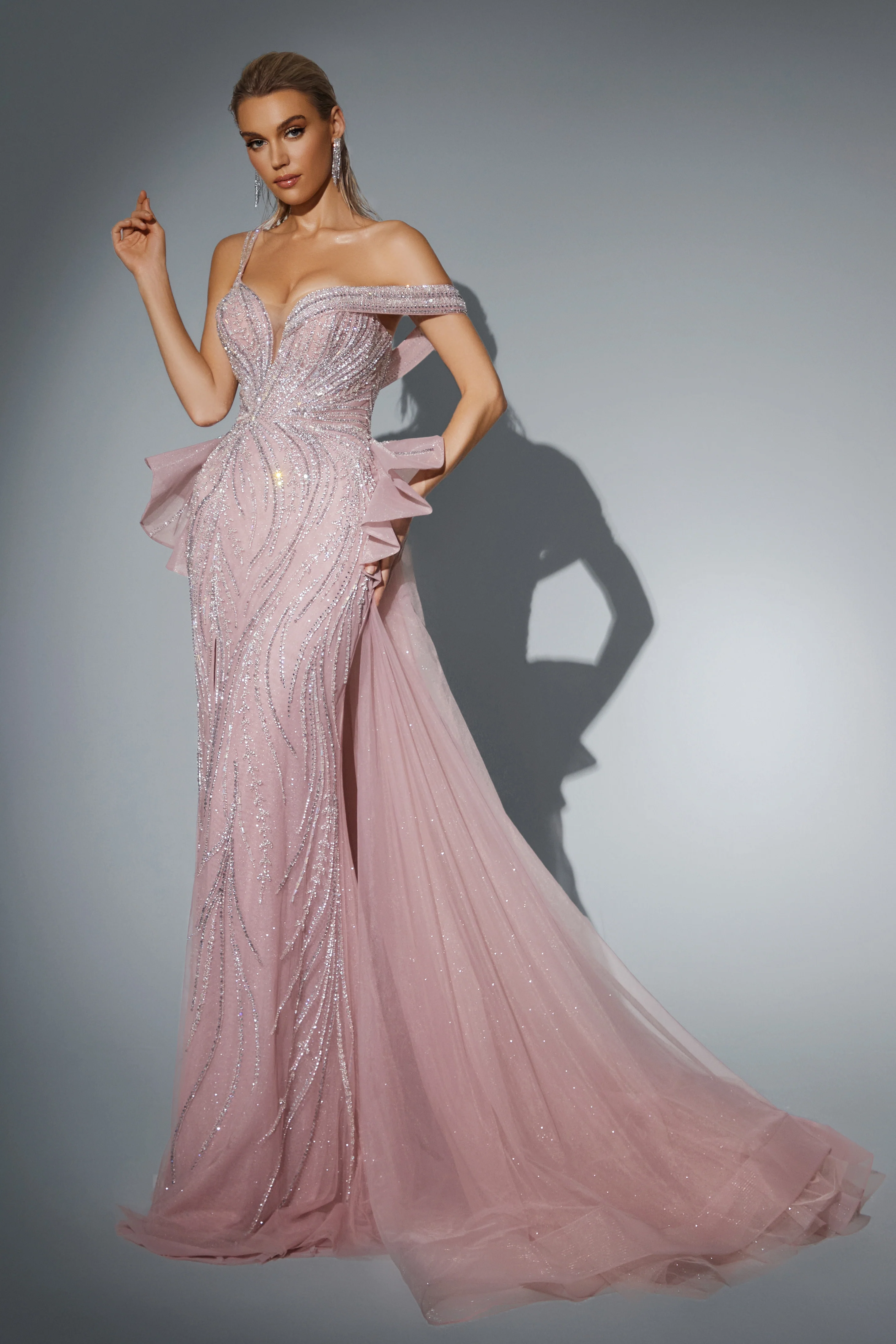 Blush Pink Glitter Dress with Off-Shoulder Design - Designer Sequin Gown with Flowing Tulle Skirt