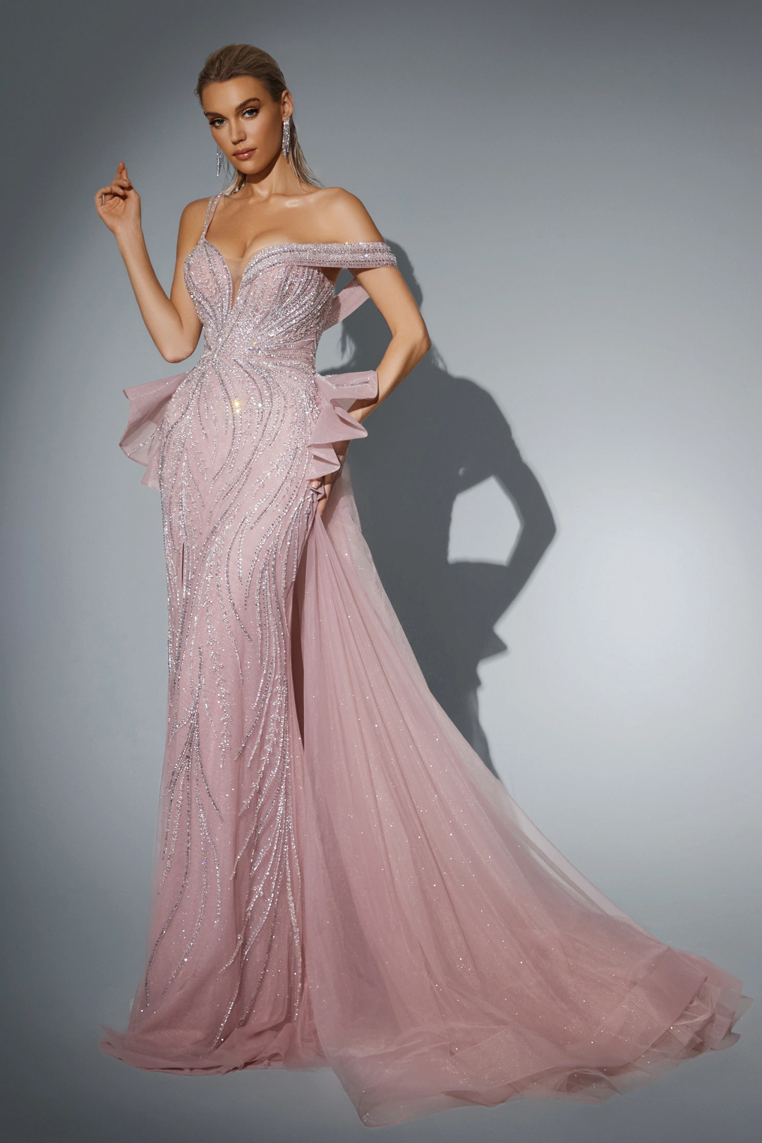 Blush Pink Glitter Dress with Off-Shoulder Design - Designer Sequin Gown with Flowing Tulle Skirt - Pink Sequin Dress Plus Size