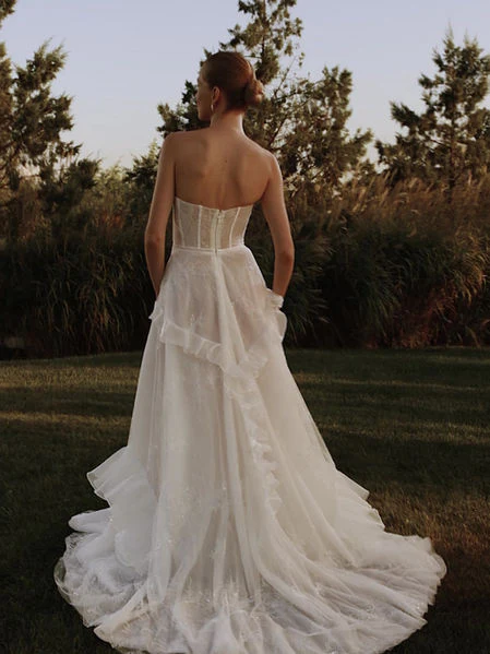 Floral Wedding Gown with Sequin Chantilly Lace – A-Line Wedding Dress with Cascading Ruffles - Strapless Wedding Dress Plus Size - Aurora