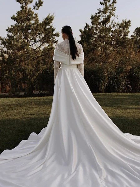 Mermaid Wedding Gown with Mikado Corset and Convertible Overskirt – Long Sleeves Wedding Dress with High Neck Plus Size - Eliana