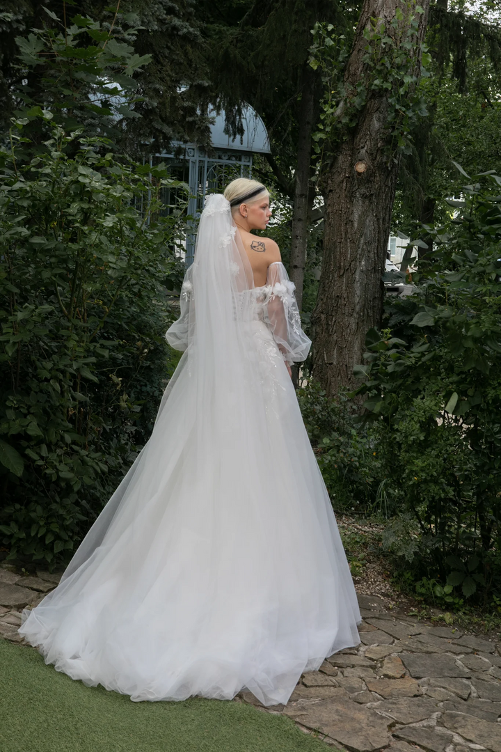 Ivory Tulle Wedding Gown with 3D Flowers – Applique Wedding Dress with Convertible Sleeves and Elegant Train Plus Size - Madalyn