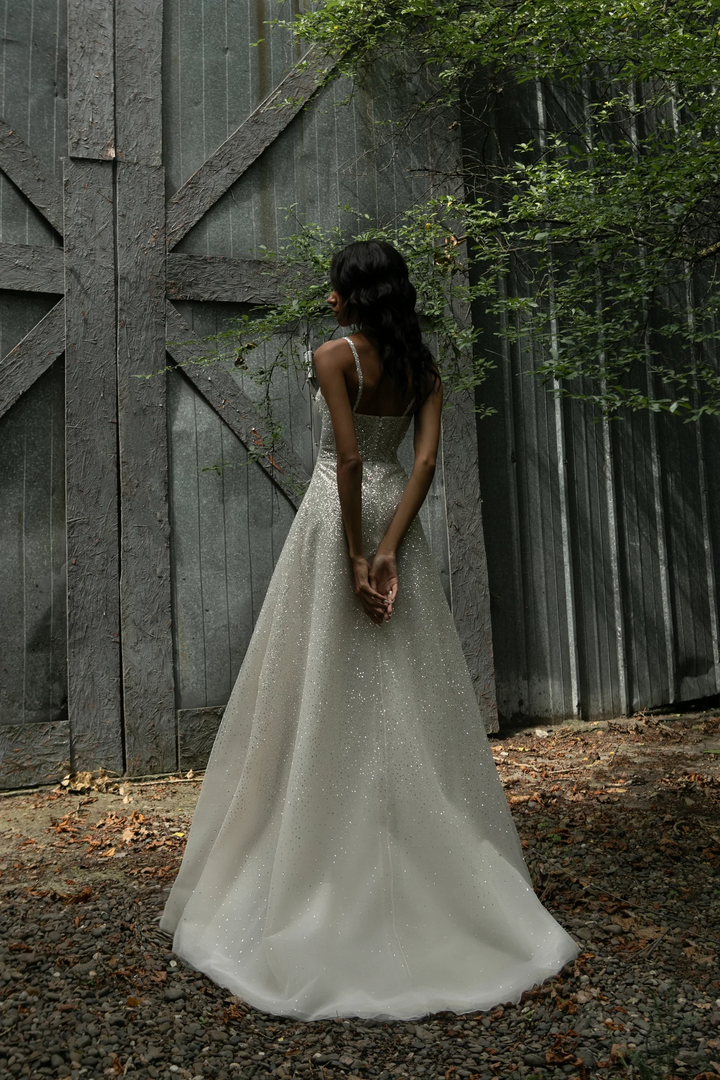 Sparkly Ball Gown Wedding Dress with Sweetheart Corset – Spaghetti Strap Wedding Dress with Detachable Sleeves Plus Size - Megan