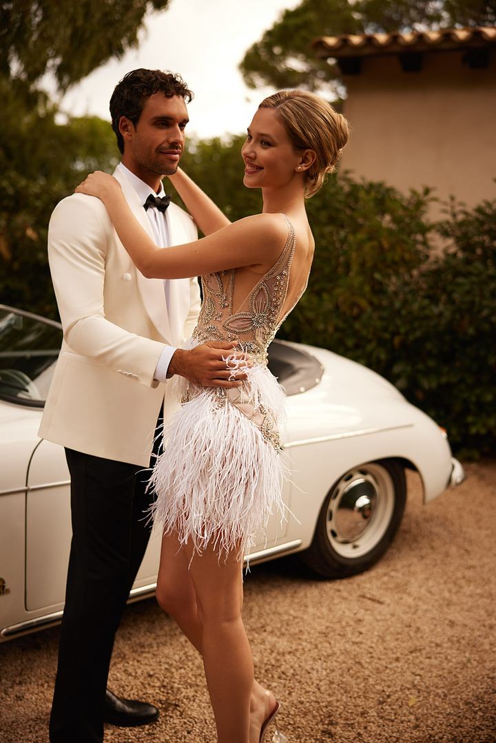 Nude Short Length Wedding Dresses with Crystal Beading and Feather Fringe Plus Size