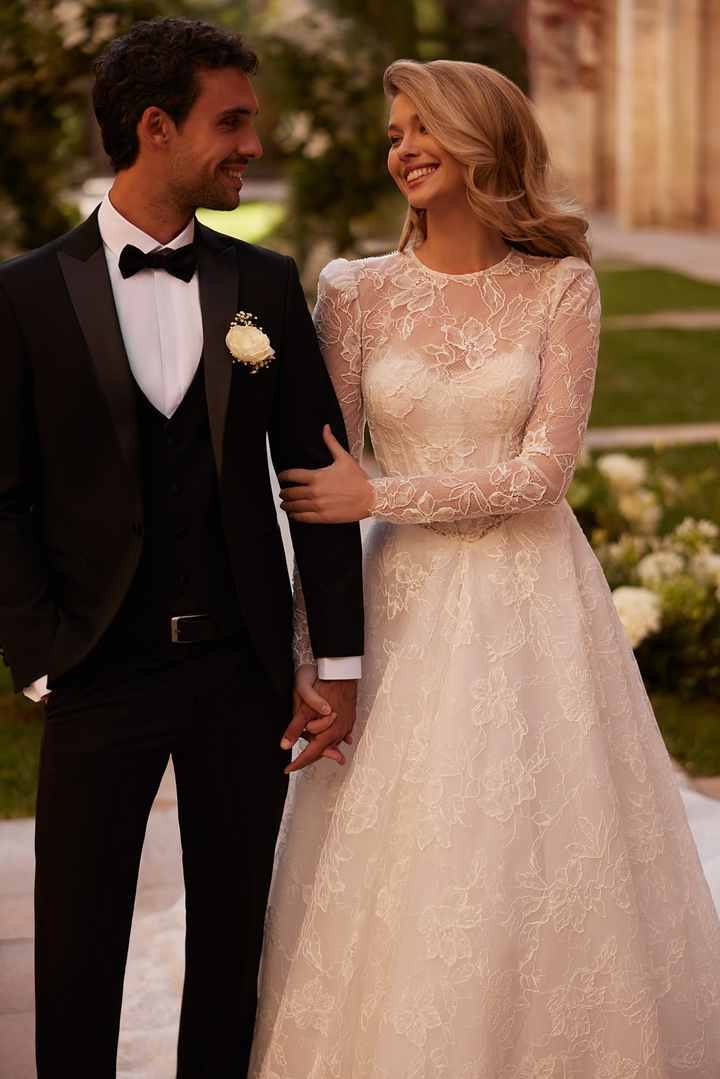 Ivory Lace Wedding Gown Long Sleeve with Lace Bodice – Classic Wedding Gown with Crew Neckline and Train Plus Size