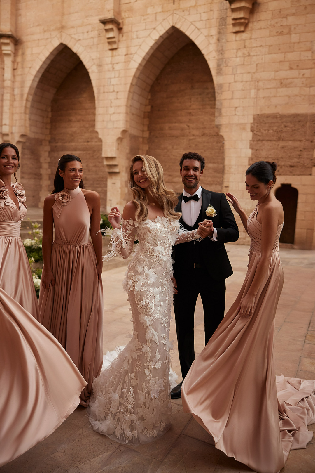 Nude Floral Wedding Dress with Long Sleeves – Off Shoulder Wedding Gown - Lace Mermaid Wedding Gown with 3D Appliqué Plus Size