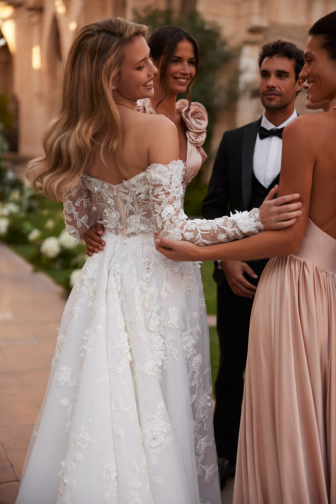 Off Shoulder Wedding Dress with Convertible Overskirt – Lace Embellished Wedding Gown with Long Sleeves Plus Size