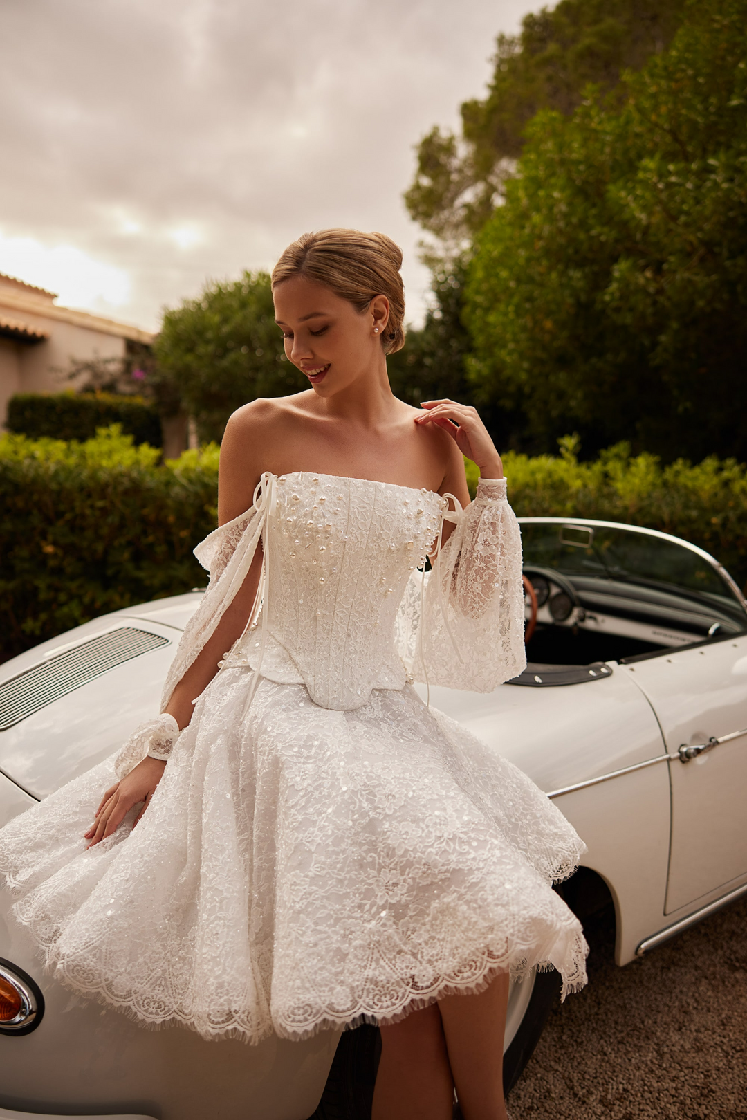 Ivory Tea Length Wedding Dress with Sleeves and Lace Corset – Sequin Wedding Dress with Convertible Sleeves Plus Size