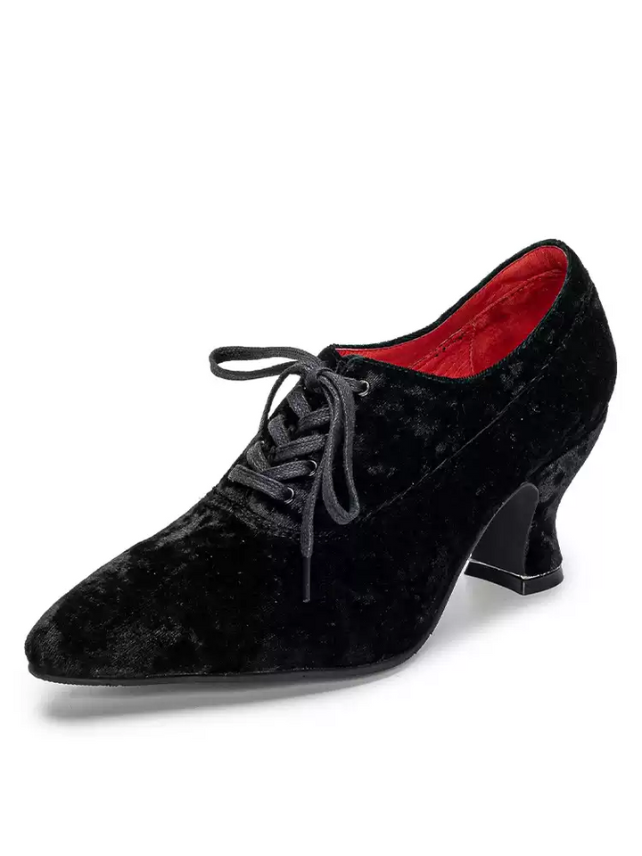Handmade Gothic Black Velvet Cowhide Leather Lace-Up Heels