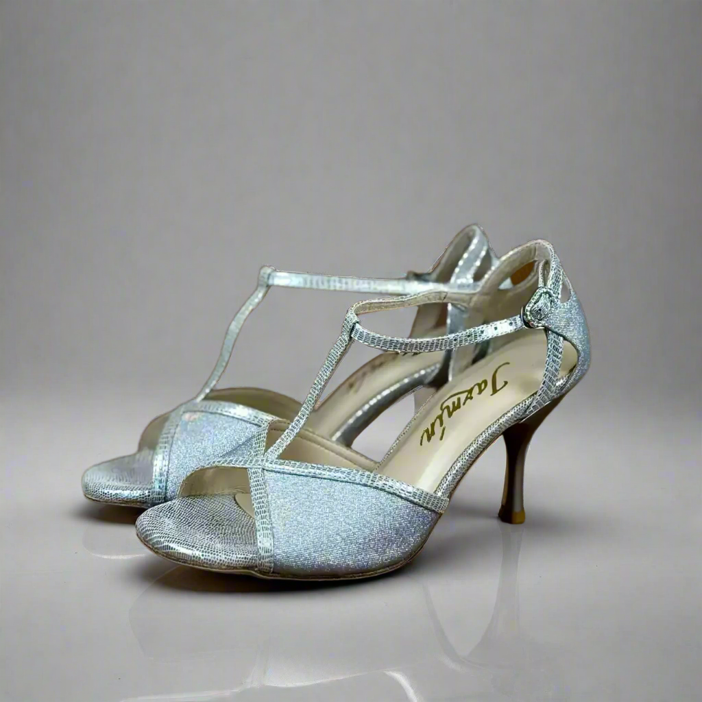 Handmade Tango Lambskin Leather Silver Latin Dance Shoes with T-Strap Design – Glitter Leather Ballroom and Latin Dance Shoes