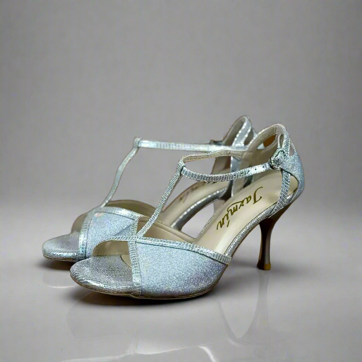 Handmade Tango Lambskin Leather Silver Latin Dance Shoes with T-Strap Design – Glitter Leather Ballroom and Latin Dance Shoes