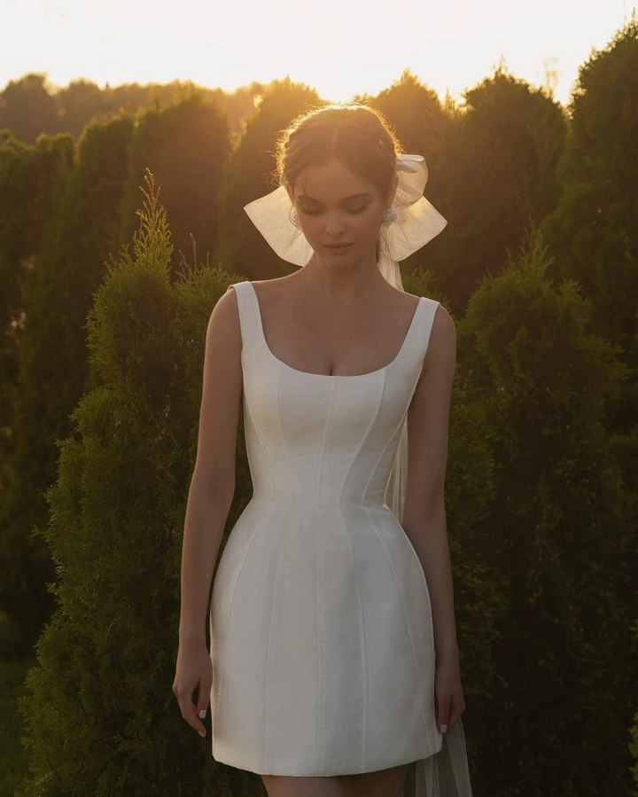 Short Wedding Party Dress with Square Neckline - Simple Elegant Satin Wedding Dress - Sleeveless Wedding Dress Plus Size