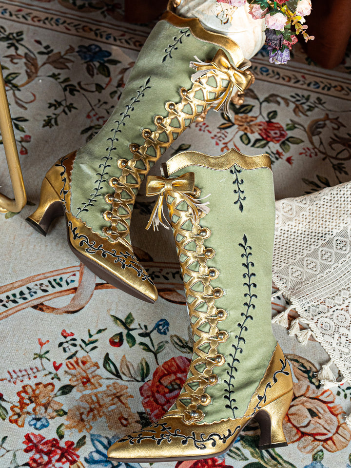 Handmade Rococo Sage Gold and Green Lambskin Leather Silk Mid-Calf Boots with Bow