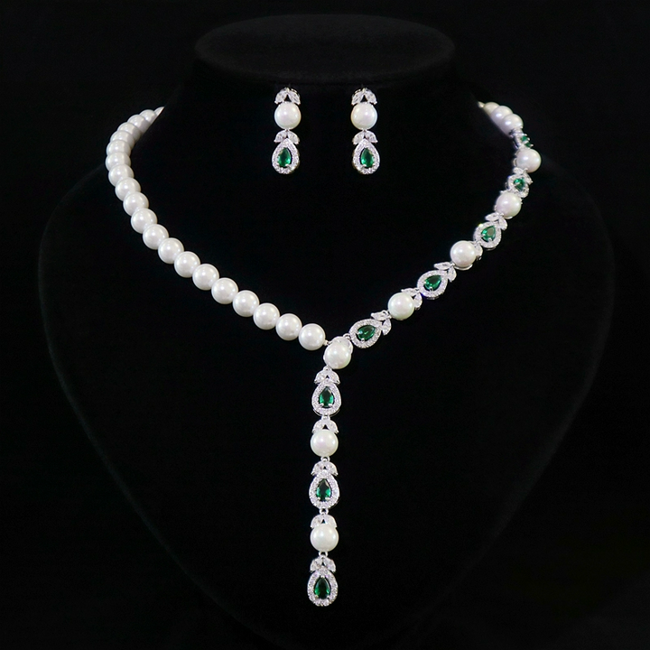 Pearl and Green Zircon Jewelry Set - Teardrop Pearl Necklace and Earring Set