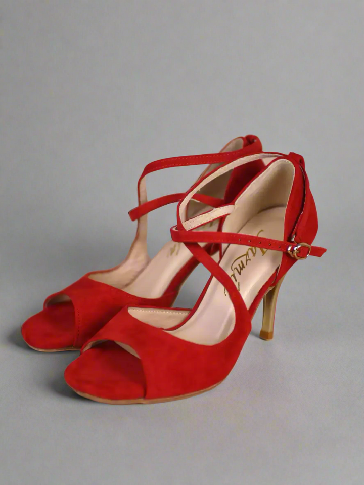 Handmade Tango Cowhide Leather Latin Dance Shoes in Red Suede with Gold High Heels