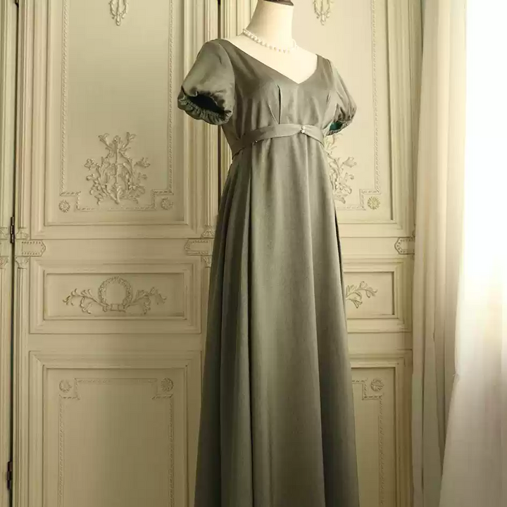 Sage Green Regency Era Dress - Empire Waist Dress – Regency Gown with Short Sleeves Plus Size