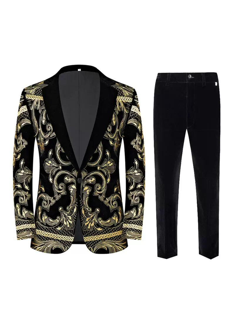 Black Baroque Mens Suit – Velvet Blazer and Pants Set with Gold Embroidered Pattern Plus Size