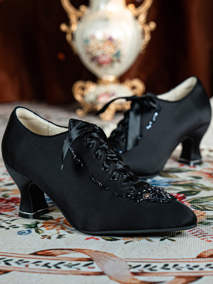 Handmade Gothic Black Silk Satin Victorian Lace-Up Heels with Beaded Embroidery