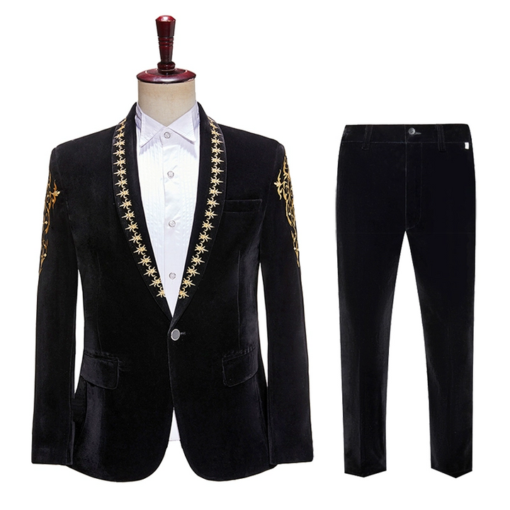 Black Baroque Mens Blazer – Velvet Suit Jacket with Gold Embroidered Lapel and Shoulder Detail Plus Size