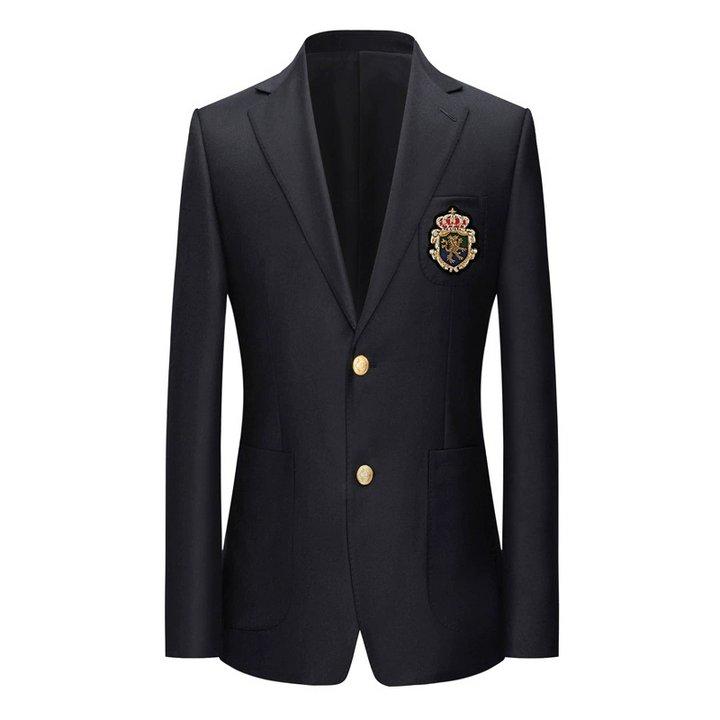 Black Wool Blazer with Gold Crest Patch and Two Button Closure – Single Breasted Blazer for Men Plus Size