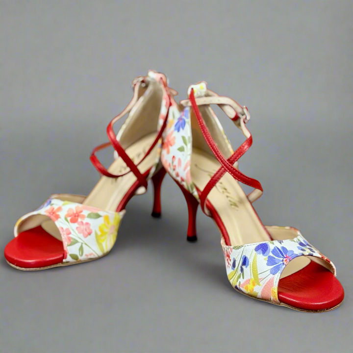 Handmade Tango Cowhide Leather Red Floral Latin Dance Shoes with Criss-Cross Strap – Tango Shoes Madame Pivot