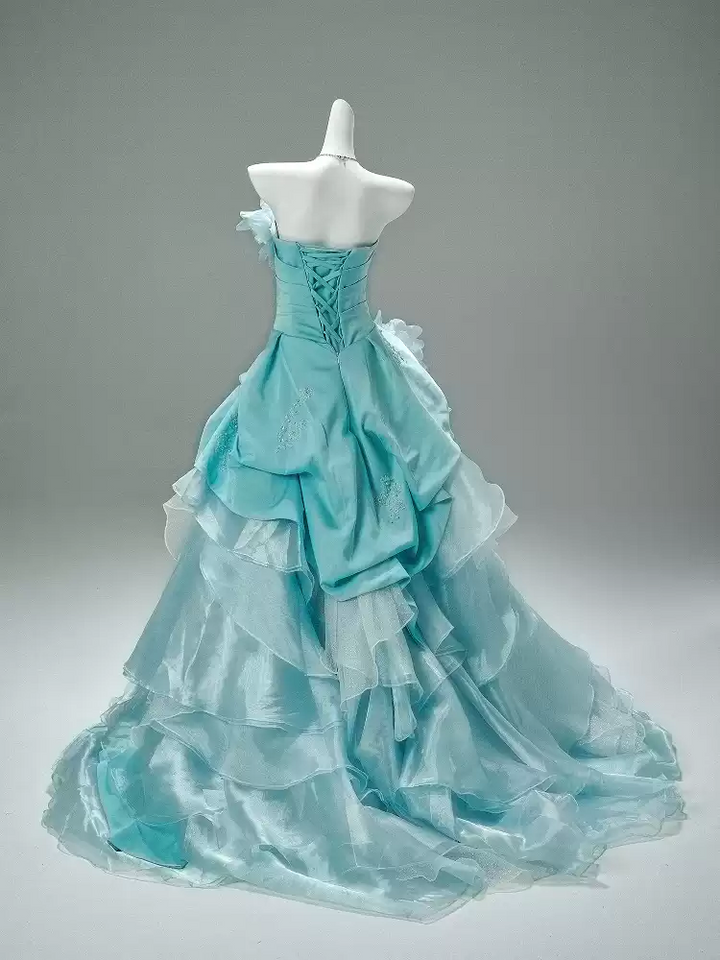 Blue Ball Gown with Floral Appliqué – Strapless Layered Tulle Ruffle Dress with Lace-Up Back Plus Size