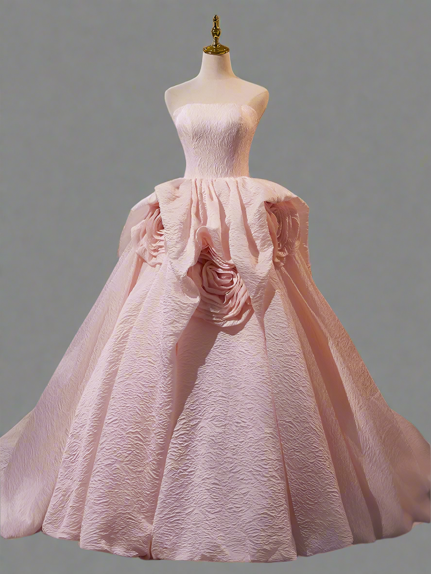Pink Strapless Ball Gown with Floral Accessories – Wedding Dress with Corset Back – Romantic Tulle Wedding Gown Plus Size Size 0 / Pink