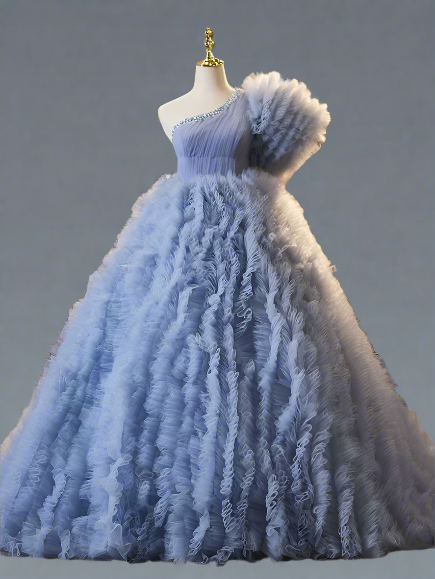 Blue Tiered Tulle Ball Gown with Asymmetrical Neckline - Corset Tulle WonderlandByLilian Blue Tiered Tulle Ball Gown with Asymmetrical Neckline - Corset Tulle WonderlandByLilian