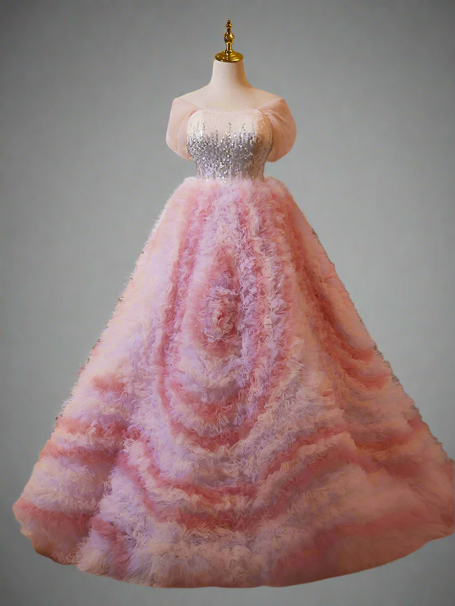Pink Tiered Ball Gown Corset Tulle Dress with Layered Ruffle Skirt  Elegant Evening Gown - Embellished Gown Plus Size Size 22w / Pink