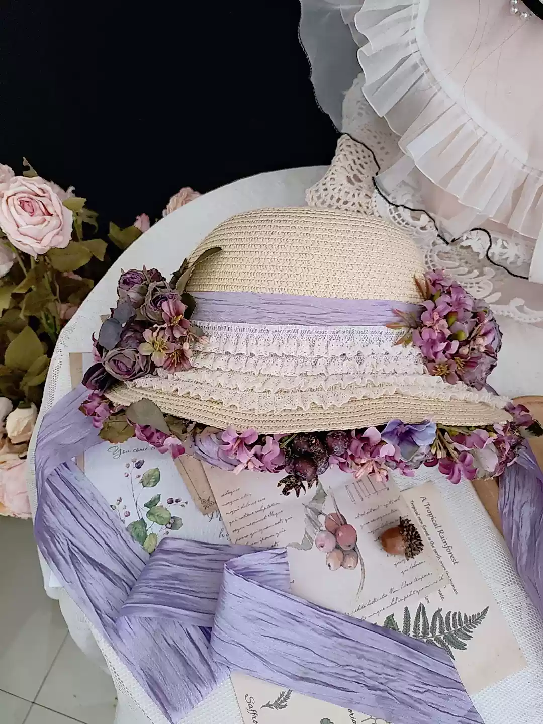 Regency Era Inspired Bonnet with Floral Accents - Purple Bonnet with Lavender Ribbon