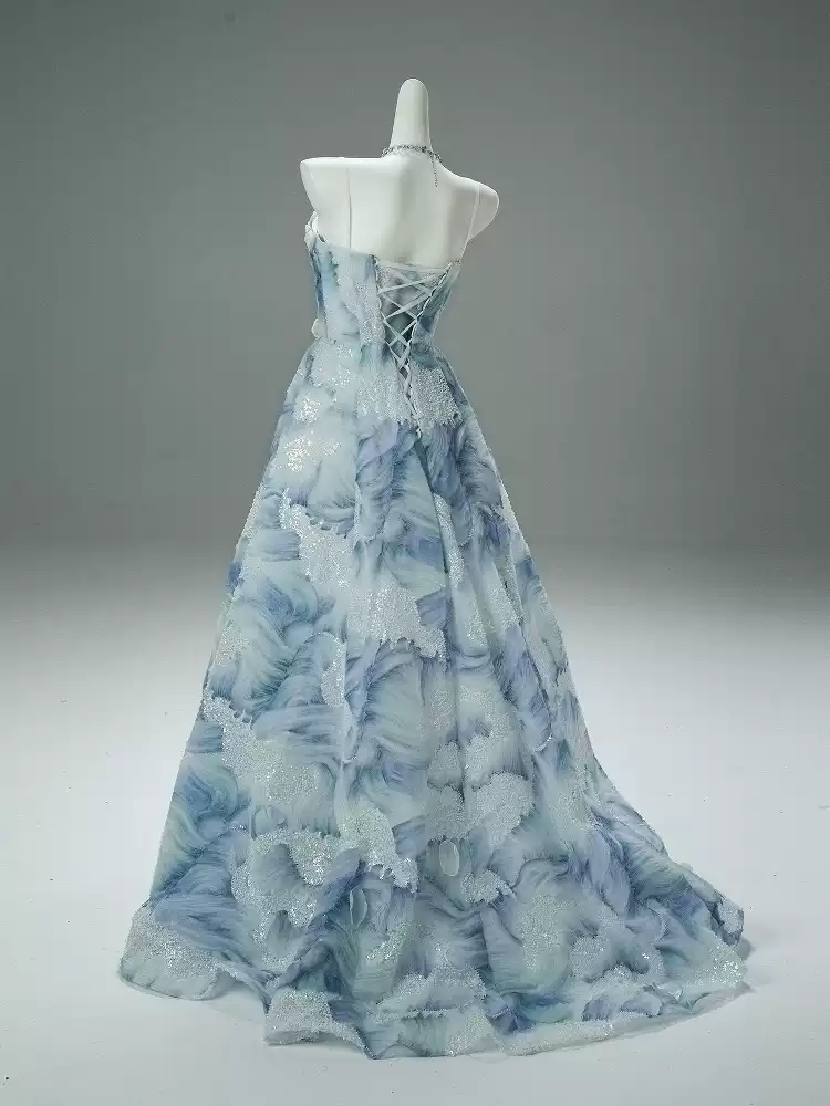 Light Blue Evening Dress with Floral Embellishments and Strapless – Floral Evening Dress with Lace-Up Back Plus Size