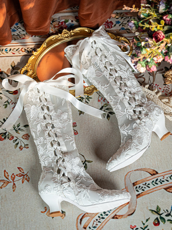 Handmade Victorian White Lace Lambskin Leather Boots with Satin Ribbon