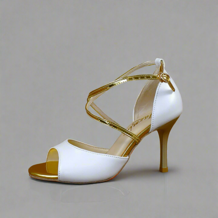 Handmade Tango Cowhide Leather Gold Latin Dance Shoes with White Leather Upper – Latin Dancing Shoes for Women