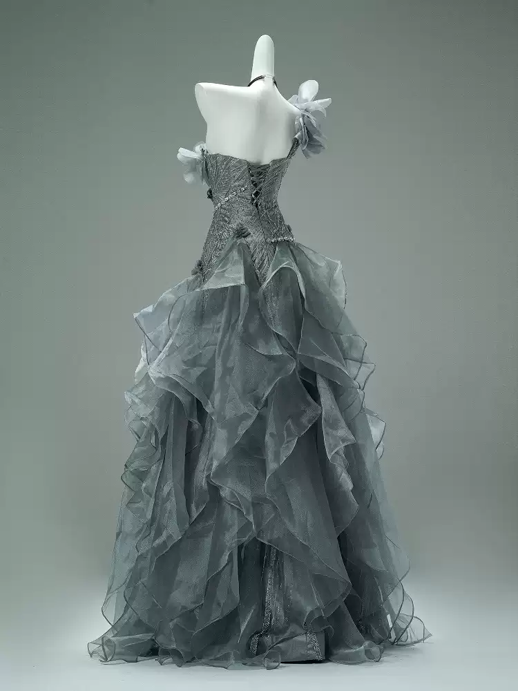 Gray Layered Tulle Ruffle Dress with Floral Appliqué – One Shoulder Evening Dress with Lace-Up Back Plus Size