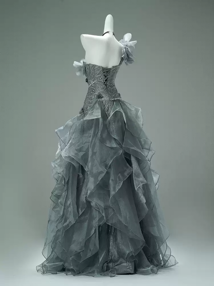 Gray Layered Tulle Ruffle Dress with Floral Appliqué – One Shoulder Evening Dress with Lace-Up Back Plus Size
