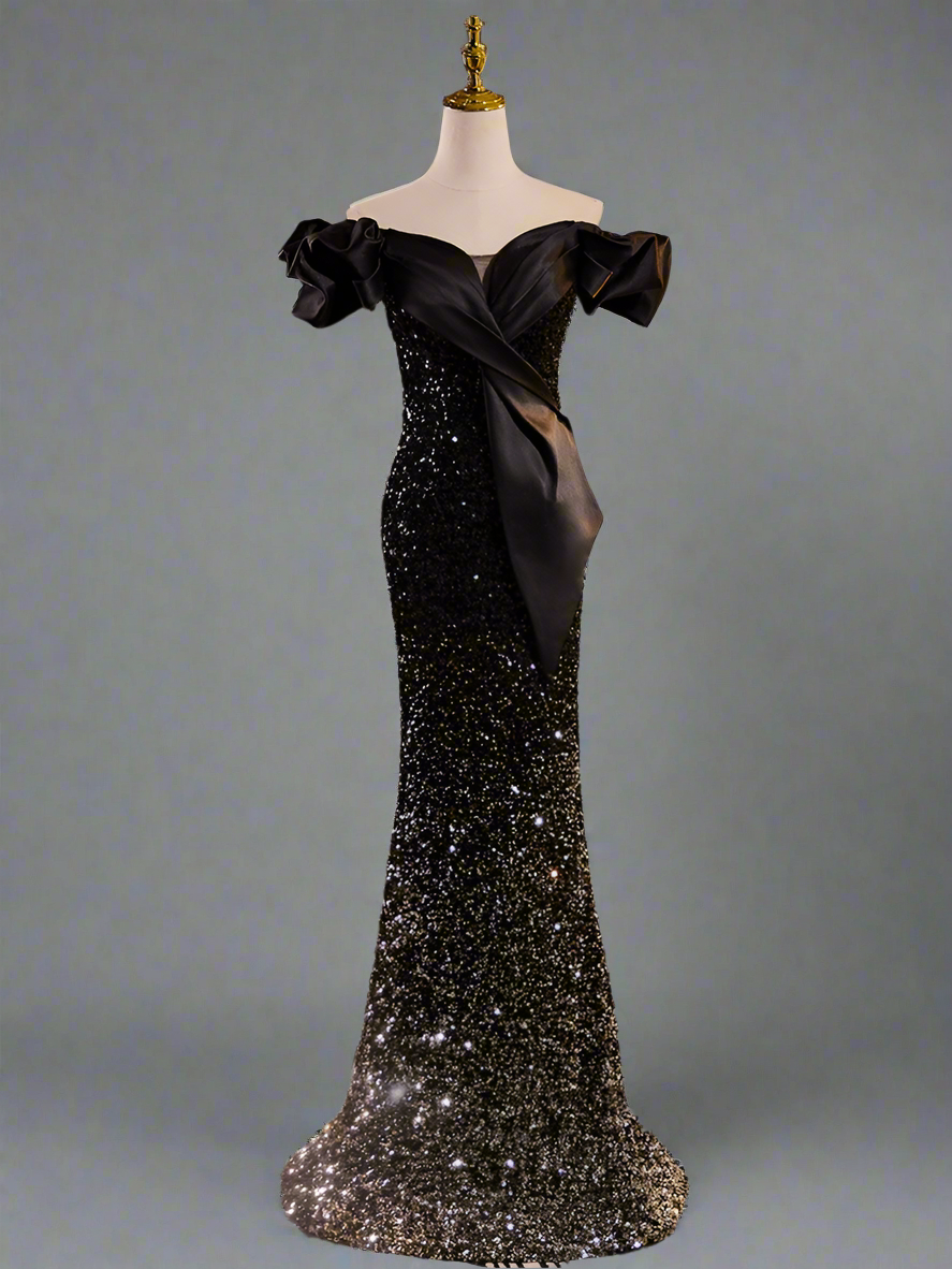 Gothic Black Tight-Gitted Prom Dress with Sequins - Mermaid Dress Evening Gown with Sparkling Detail - Off the Shoulder Dress Plus Size