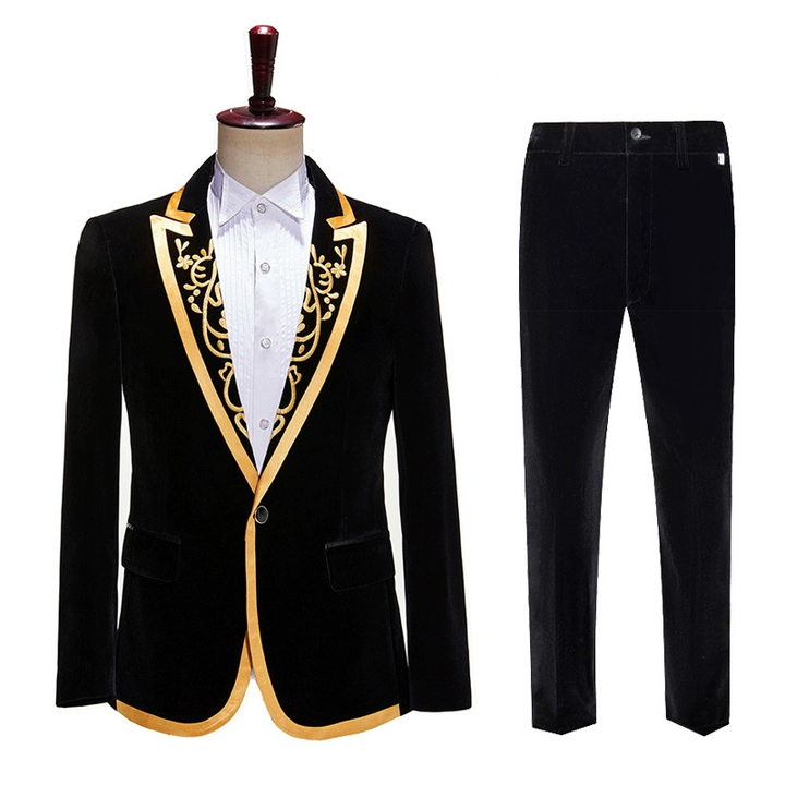 Black Baroque Mens Blazer – Velvet Suit Jacket with Gold Lapel Trim and Embroidered Detail Plus Size