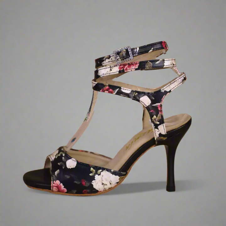 Handmade Tango Cowhide Leather Black Latin Dance Shoes with Floral Leather Upper and Cross Strap Design