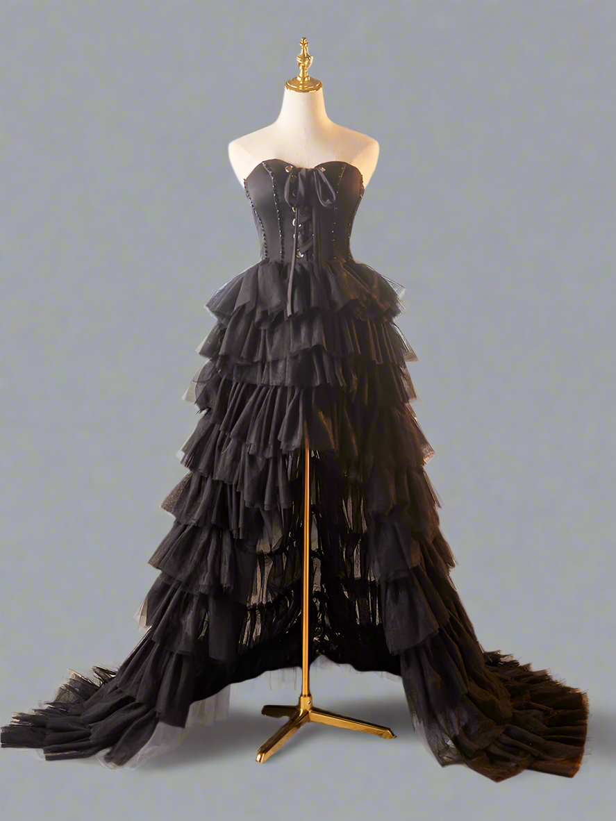 Gothic Black Strapless Evening Gown - Layered Tulle Ruffle Dress with Sweetheart neckline - Corset Tulle Dress - High-Low Dress Plus Size